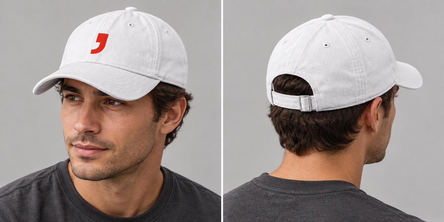 Cappellino bianco con la virgola rossa di Fondazione Laminazione Sottile, vista fronte e retro