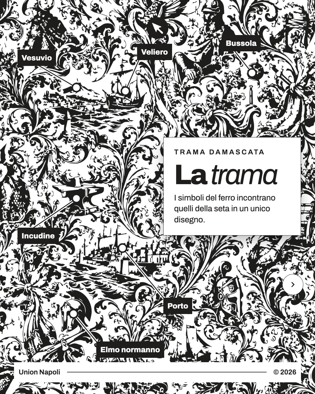Trama damascata della maglia Union Napoli con i simboli indicati: Vesuvio, veliero, bussola, incudine, porto ed elmo normanno