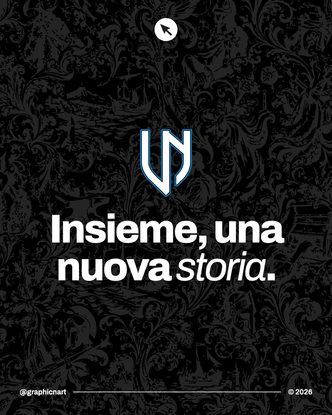 Logo UN della Union Napoli su damasco nero con la scritta Insieme, una nuova storia